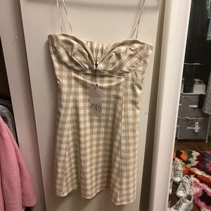 Zara Beige and White Gingham Mini Dress